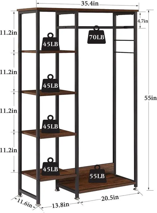 Alt view image 6 of 7 - VECELO Open Garment Clothing Rack, Free-Standing Heavy Duty Storage Closet with 5 Shelves and Hanging Rod for Small Spaces, Max Load 350LBS, Brown