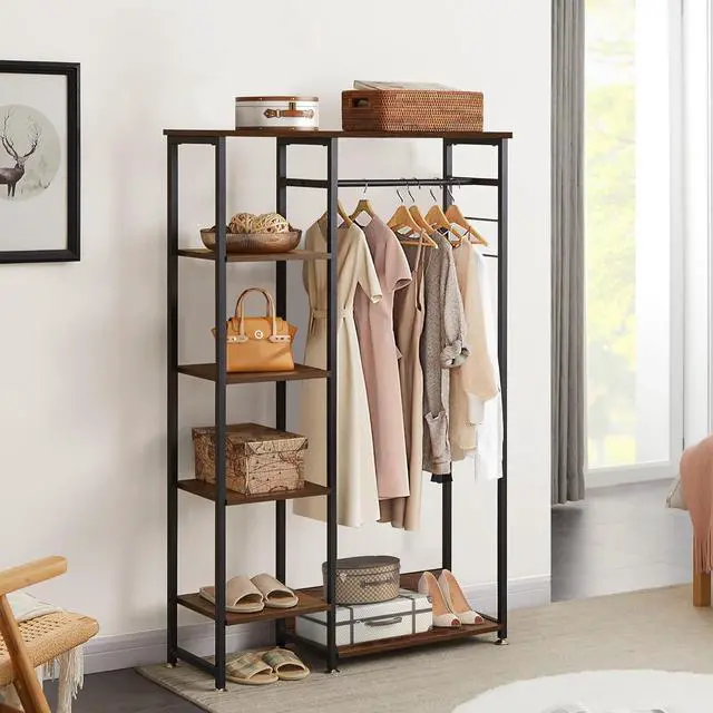 Alt view image 5 of 7 - VECELO Open Garment Clothing Rack, Free-Standing Heavy Duty Storage Closet with 5 Shelves and Hanging Rod for Small Spaces, Max Load 350LBS, Brown