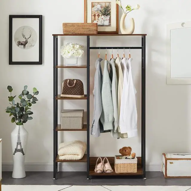 Alt view image 7 of 7 - VECELO Open Garment Clothing Rack, Free-Standing Heavy Duty Storage Closet with 5 Shelves and Hanging Rod for Small Spaces, Max Load 350LBS, Brown