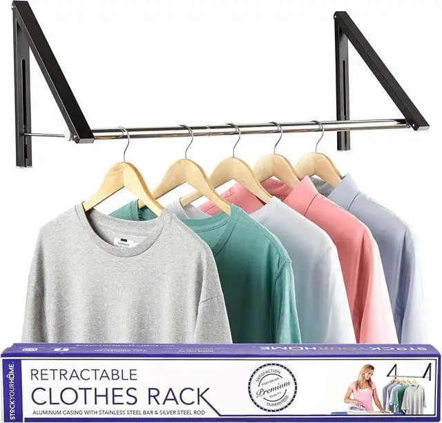 Main image of Double Foldable Clothing Rack w/ Extension Rod, Wall-Mounted Retractable Clothes Hanger for Laundry Dryer Room, Hanging Drying Rod, Small Collapsible Folding Garment Racks, Dorm Accessories (Black)
