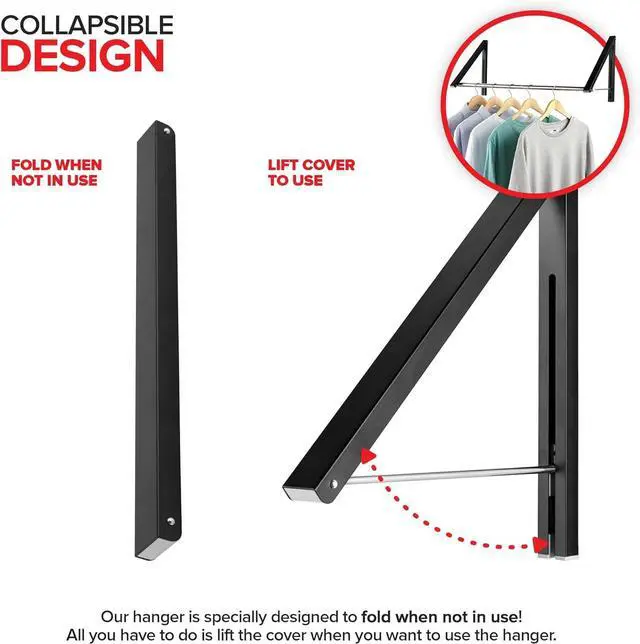 Alt view image 3 of 7 - Double Foldable Clothing Rack w/ Extension Rod, Wall-Mounted Retractable Clothes Hanger for Laundry Dryer Room, Hanging Drying Rod, Small Collapsible Folding Garment Racks, Dorm Accessories (Black)