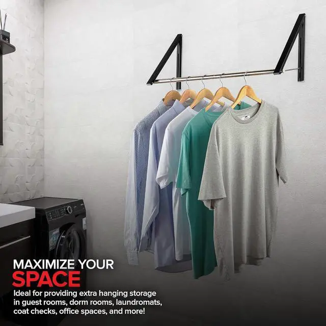 Alt view image 6 of 7 - Double Foldable Clothing Rack w/ Extension Rod, Wall-Mounted Retractable Clothes Hanger for Laundry Dryer Room, Hanging Drying Rod, Small Collapsible Folding Garment Racks, Dorm Accessories (Black)