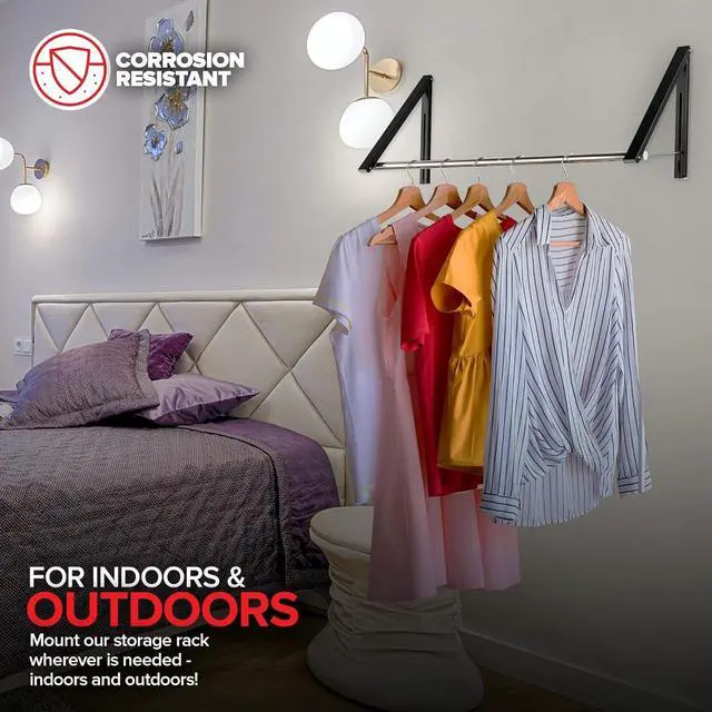 Alt view image 7 of 7 - Double Foldable Clothing Rack w/ Extension Rod, Wall-Mounted Retractable Clothes Hanger for Laundry Dryer Room, Hanging Drying Rod, Small Collapsible Folding Garment Racks, Dorm Accessories (Black)
