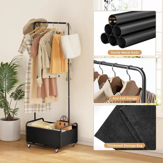 Alt view image 5 of 7 - Dunatou Small Clothes Rack with Wheels, Heavy Duty Metal Garment Rack, 2-in-1 with Basket, Clothes Racks for Hanging Clothes, 15.7" x 23.6" x 67", Black