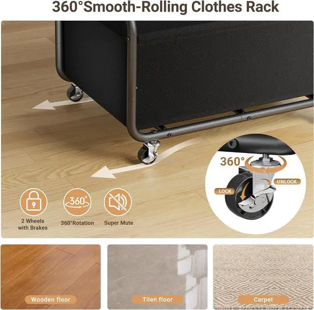 Alt view image 6 of 7 - Dunatou Small Clothes Rack with Wheels, Heavy Duty Metal Garment Rack, 2-in-1 with Basket, Clothes Racks for Hanging Clothes, 15.7" x 23.6" x 67", Black