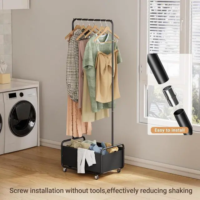 Alt view image 3 of 7 - Dunatou Small Clothes Rack with Wheels, Heavy Duty Metal Garment Rack, 2-in-1 with Basket, Clothes Racks for Hanging Clothes, 15.7" x 23.6" x 67", Black