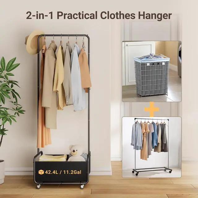 Alt view image 4 of 7 - Dunatou Small Clothes Rack with Wheels, Heavy Duty Metal Garment Rack, 2-in-1 with Basket, Clothes Racks for Hanging Clothes, 15.7" x 23.6" x 67", Black
