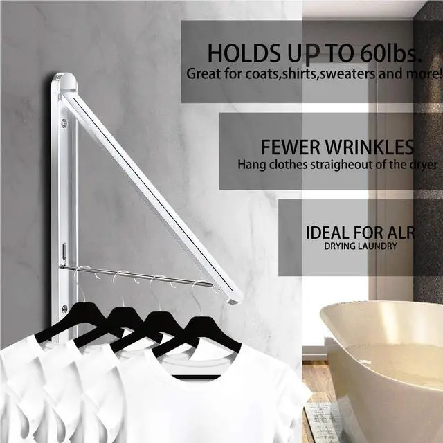 Alt view image 3 of 7 - Clothes Drying Rack,Wall Mounted Clothes Hanging Rack,Retractable Folding Hanger,Laundry Room Organization,Drying Racks for Laundry,Bathroom,Garage,Indoor&Outdoor Aluminum1pcs