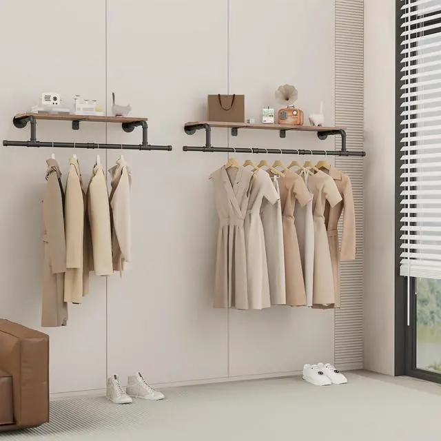 Alt view image 5 of 6 - Wall Mounted Clothes Rack with Top Shelf, Space Saver Industrial Pipe Shelving, Heavy Duty Iron Closet Poles, Extension at Both Ends, 37.6×10.2×5.9 Inch, Black