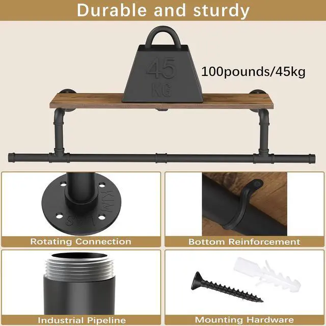 Alt view image 4 of 6 - Wall Mounted Clothes Rack with Top Shelf, Space Saver Industrial Pipe Shelving, Heavy Duty Iron Closet Poles, Extension at Both Ends, 37.6×10.2×5.9 Inch, Black