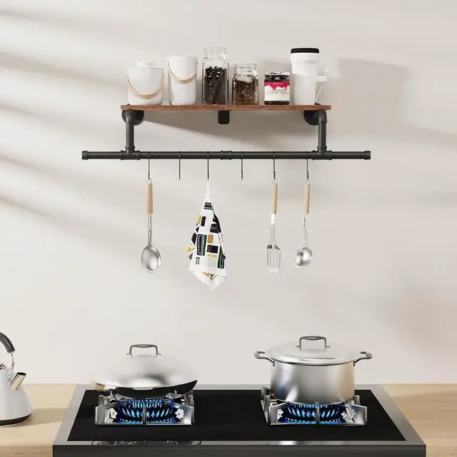 Alt view image 6 of 6 - Wall Mounted Clothes Rack with Top Shelf, Space Saver Industrial Pipe Shelving, Heavy Duty Iron Closet Poles, Extension at Both Ends, 37.6×10.2×5.9 Inch, Black