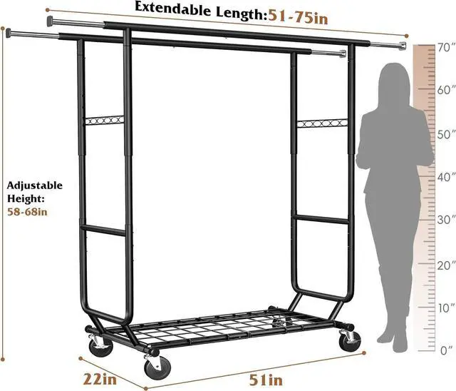 Alt view image 2 of 7 - Raybee Clothes Rack Load 630LBS, Heavy Duty Clothes Rack, Rolling Clothing Racks for Hanging Clothes with Wheels, Adjustable & Commercial Garment Rack, 22" D x 75" W x 68" H, Black
