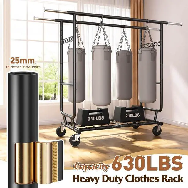 Alt view image 5 of 7 - Raybee Clothes Rack Load 630LBS, Heavy Duty Clothes Rack, Rolling Clothing Racks for Hanging Clothes with Wheels, Adjustable & Commercial Garment Rack, 22" D x 75" W x 68" H, Black