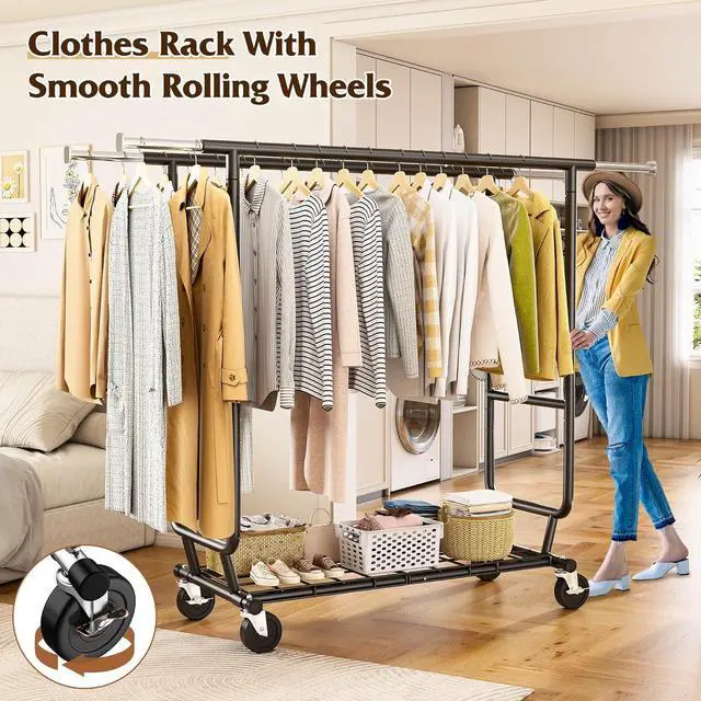 Alt view image 6 of 7 - Raybee Clothes Rack Load 630LBS, Heavy Duty Clothes Rack, Rolling Clothing Racks for Hanging Clothes with Wheels, Adjustable & Commercial Garment Rack, 22" D x 75" W x 68" H, Black
