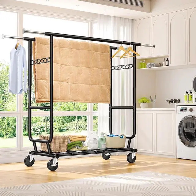 Alt view image 7 of 7 - Raybee Clothes Rack Load 630LBS, Heavy Duty Clothes Rack, Rolling Clothing Racks for Hanging Clothes with Wheels, Adjustable & Commercial Garment Rack, 22" D x 75" W x 68" H, Black