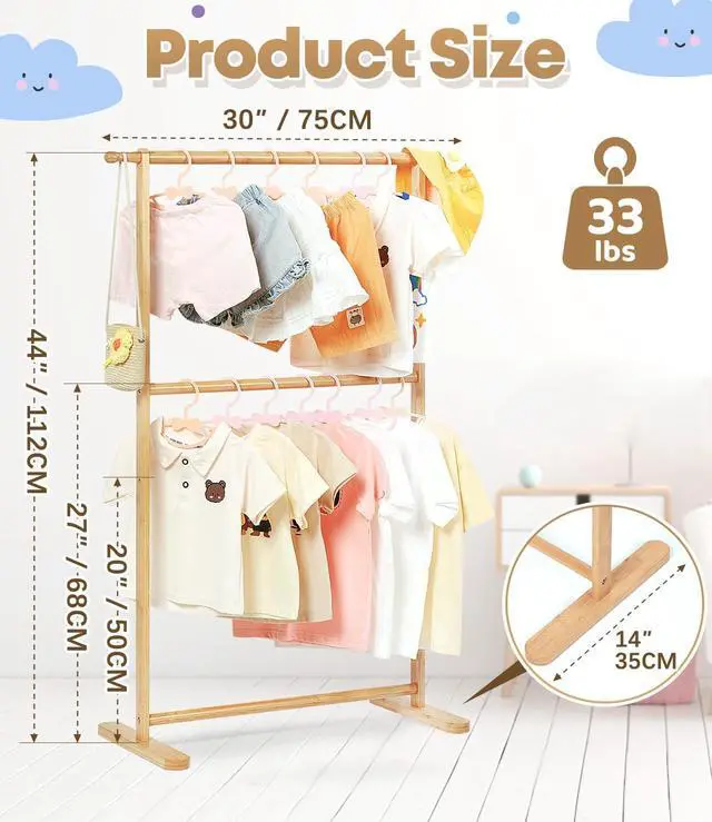 Alt view image 2 of 7 - Bamboo Kids Clothing Rack with Dual Poles, Child Dress Up Rack, Clothing OrganizerRack, Small GarmentRack, Perfect for Costumes and Accessories (Natural color)