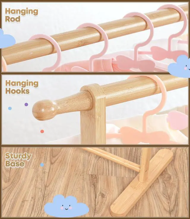 Alt view image 3 of 7 - Bamboo Kids Clothing Rack with Dual Poles, Child Dress Up Rack, Clothing OrganizerRack, Small GarmentRack, Perfect for Costumes and Accessories (Natural color)