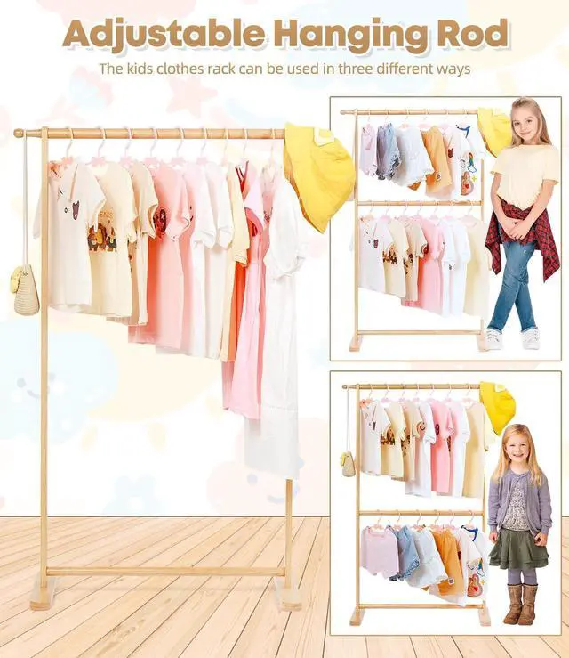 Alt view image 4 of 7 - Bamboo Kids Clothing Rack with Dual Poles, Child Dress Up Rack, Clothing OrganizerRack, Small GarmentRack, Perfect for Costumes and Accessories (Natural color)