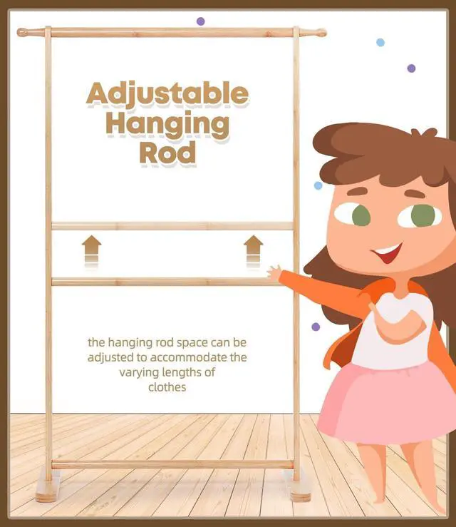 Alt view image 6 of 7 - Bamboo Kids Clothing Rack with Dual Poles, Child Dress Up Rack, Clothing OrganizerRack, Small GarmentRack, Perfect for Costumes and Accessories (Natural color)