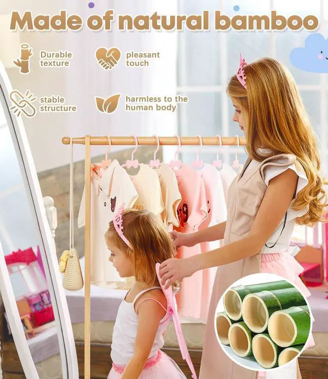 Alt view image 5 of 7 - Bamboo Kids Clothing Rack with Dual Poles, Child Dress Up Rack, Clothing OrganizerRack, Small GarmentRack, Perfect for Costumes and Accessories (Natural color)