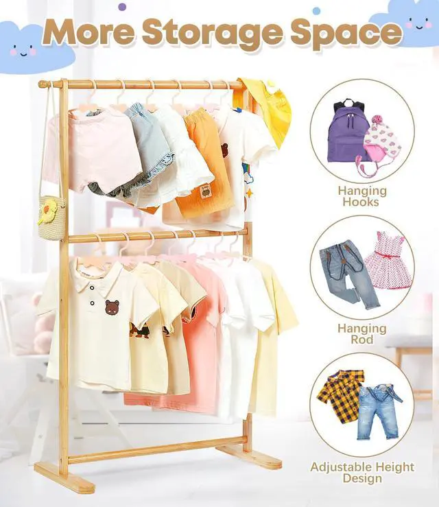 Alt view image 7 of 7 - Bamboo Kids Clothing Rack with Dual Poles, Child Dress Up Rack, Clothing OrganizerRack, Small GarmentRack, Perfect for Costumes and Accessories (Natural color)