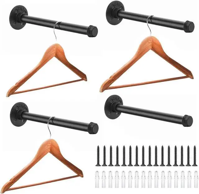 Main image of Industrial Pipe Clothing Rack 12 Inch 4 Pack, Wall Mounted Clothes Rack Heavy Duty Rustic Vintage Steel Black Metal Clothing Hanging Rod