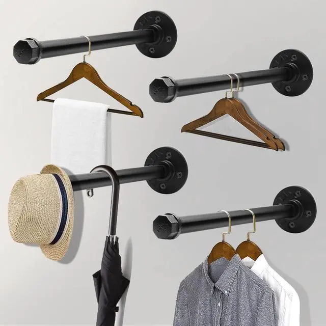 Alt view image 2 of 6 - Industrial Pipe Clothing Rack 12 Inch 4 Pack, Wall Mounted Clothes Rack Heavy Duty Rustic Vintage Steel Black Metal Clothing Hanging Rod
