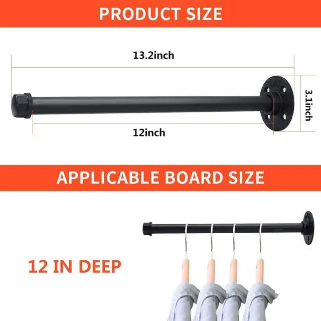 Alt view image 3 of 6 - Industrial Pipe Clothing Rack 12 Inch 4 Pack, Wall Mounted Clothes Rack Heavy Duty Rustic Vintage Steel Black Metal Clothing Hanging Rod