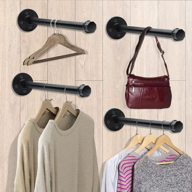 Alt view image 5 of 6 - Industrial Pipe Clothing Rack 12 Inch 4 Pack, Wall Mounted Clothes Rack Heavy Duty Rustic Vintage Steel Black Metal Clothing Hanging Rod