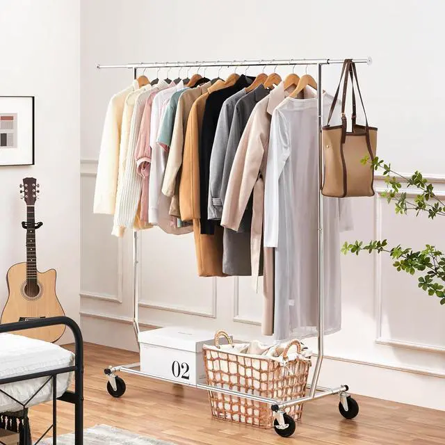 Alt view image 2 of 7 - Yaheetech Clothes Rack with Wheels, Heavy Duty Garment Rack with Extendable Hanging Rod, Rolling Clothing Rack for Hanging Clothes, Chromed, Silver