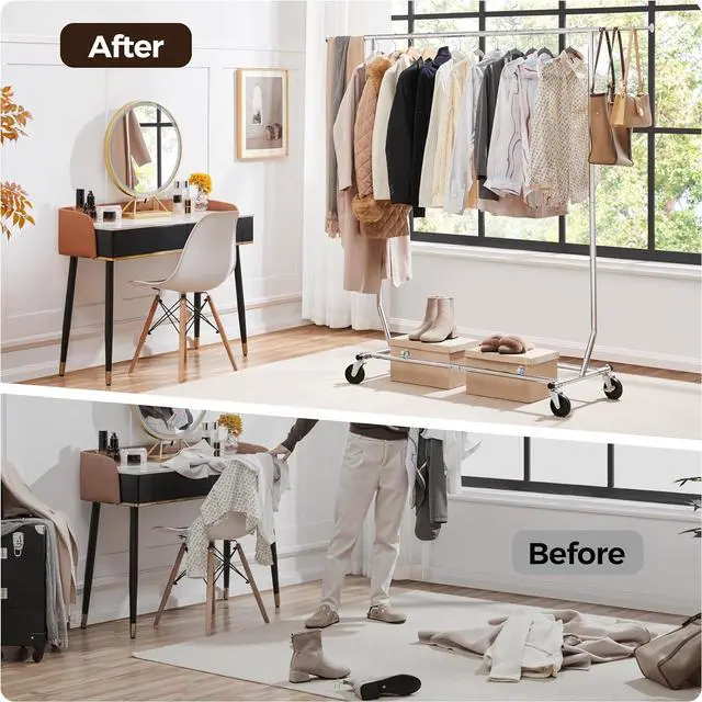 Alt view image 3 of 7 - Yaheetech Clothes Rack with Wheels, Heavy Duty Garment Rack with Extendable Hanging Rod, Rolling Clothing Rack for Hanging Clothes, Chromed, Silver