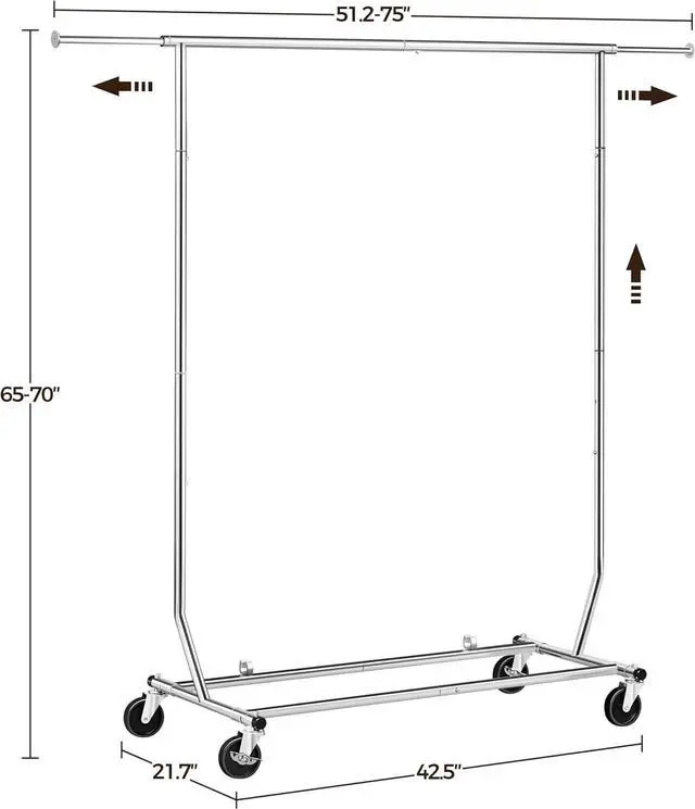 Alt view image 4 of 7 - Yaheetech Clothes Rack with Wheels, Heavy Duty Garment Rack with Extendable Hanging Rod, Rolling Clothing Rack for Hanging Clothes, Chromed, Silver