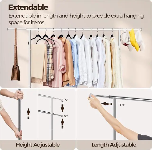 Alt view image 5 of 7 - Yaheetech Clothes Rack with Wheels, Heavy Duty Garment Rack with Extendable Hanging Rod, Rolling Clothing Rack for Hanging Clothes, Chromed, Silver