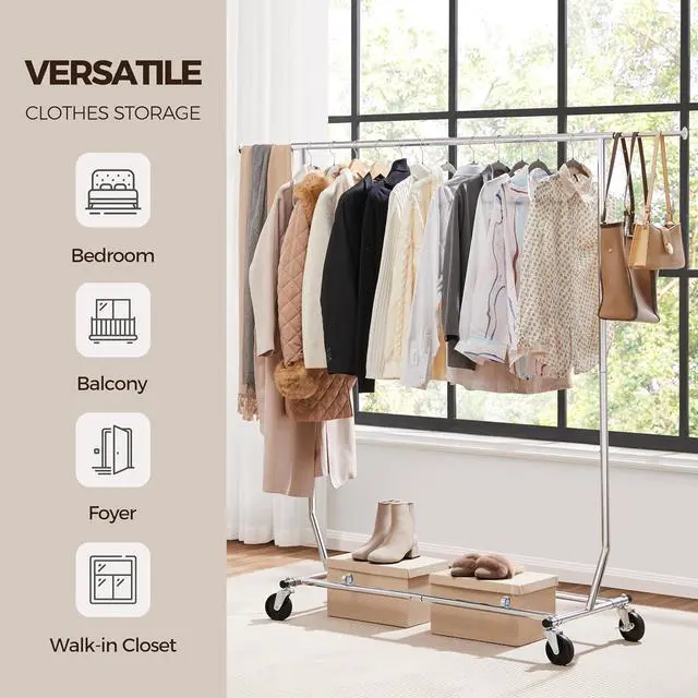 Alt view image 6 of 7 - Yaheetech Clothes Rack with Wheels, Heavy Duty Garment Rack with Extendable Hanging Rod, Rolling Clothing Rack for Hanging Clothes, Chromed, Silver