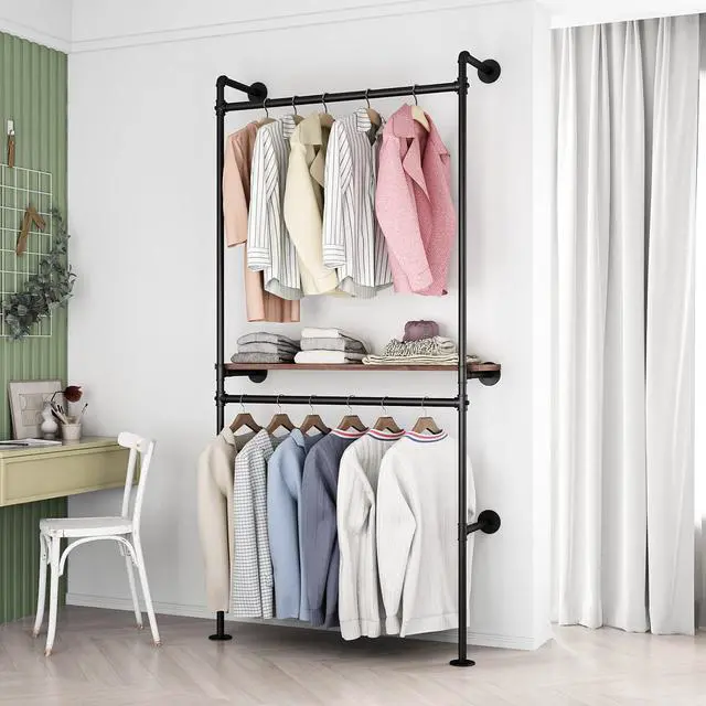 Main image of DR.IRON Industrial Pipe Clothing Racks with Vintage Shelves, Wall Mounted Black Clothes Rack with Double Hanging Rods Heavy Duty Garment Storage Rack Display Racks Rod for Clothes,Laundry Room