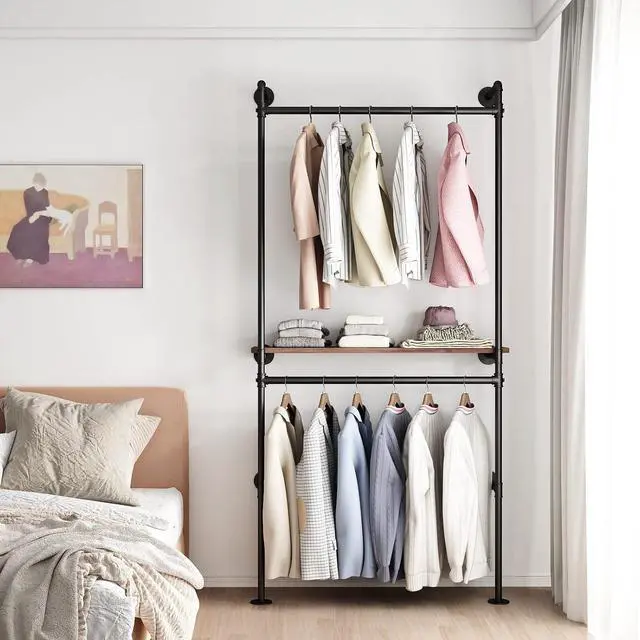 Alt view image 2 of 7 - DR.IRON Industrial Pipe Clothing Racks with Vintage Shelves, Wall Mounted Black Clothes Rack with Double Hanging Rods Heavy Duty Garment Storage Rack Display Racks Rod for Clothes,Laundry Room