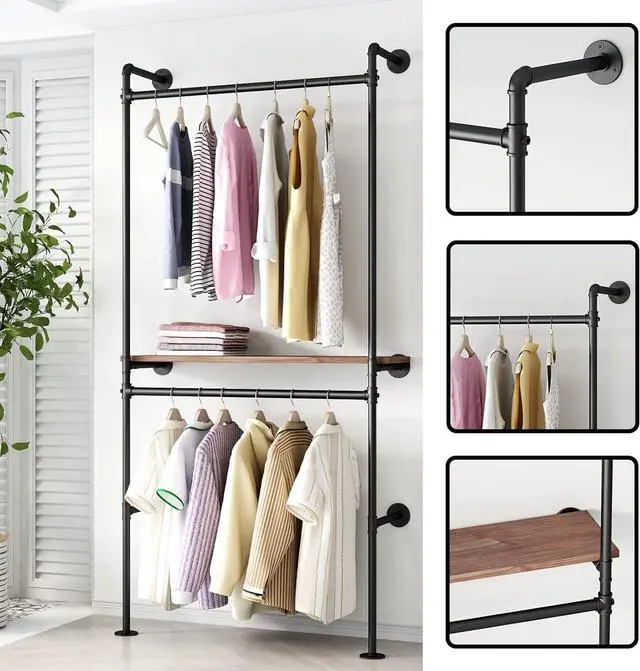 Alt view image 3 of 7 - DR.IRON Industrial Pipe Clothing Racks with Vintage Shelves, Wall Mounted Black Clothes Rack with Double Hanging Rods Heavy Duty Garment Storage Rack Display Racks Rod for Clothes,Laundry Room