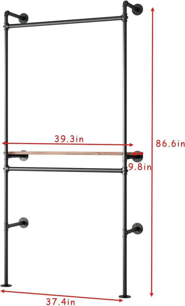 Alt view image 4 of 7 - DR.IRON Industrial Pipe Clothing Racks with Vintage Shelves, Wall Mounted Black Clothes Rack with Double Hanging Rods Heavy Duty Garment Storage Rack Display Racks Rod for Clothes,Laundry Room