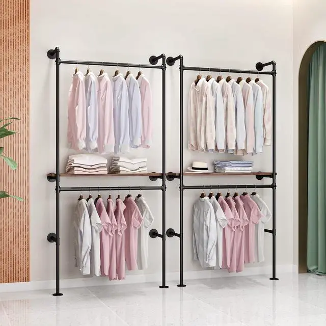Alt view image 5 of 7 - DR.IRON Industrial Pipe Clothing Racks with Vintage Shelves, Wall Mounted Black Clothes Rack with Double Hanging Rods Heavy Duty Garment Storage Rack Display Racks Rod for Clothes,Laundry Room