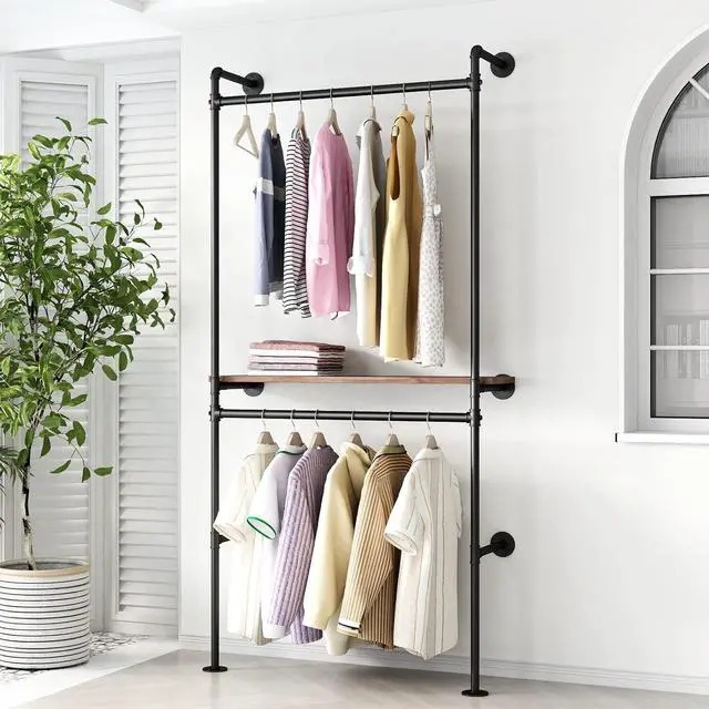 Alt view image 6 of 7 - DR.IRON Industrial Pipe Clothing Racks with Vintage Shelves, Wall Mounted Black Clothes Rack with Double Hanging Rods Heavy Duty Garment Storage Rack Display Racks Rod for Clothes,Laundry Room