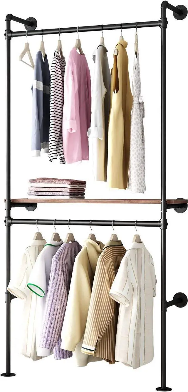 Alt view image 7 of 7 - DR.IRON Industrial Pipe Clothing Racks with Vintage Shelves, Wall Mounted Black Clothes Rack with Double Hanging Rods Heavy Duty Garment Storage Rack Display Racks Rod for Clothes,Laundry Room