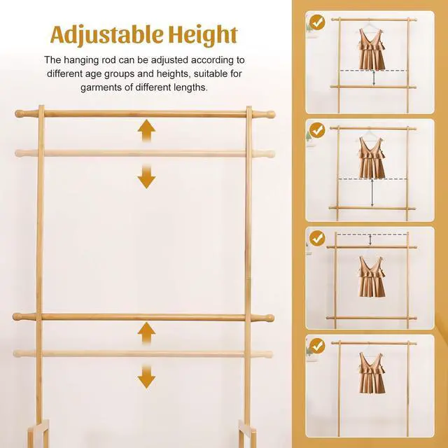 Alt view image 2 of 7 - Kids Clothing Rack Bamboo with 2 Storage Baskets and 2 Adjustable Hanging Rods,Child Garment Holder with Shelf, Dress up Racks for Playroom,Toddlers Bedroom (Natural)