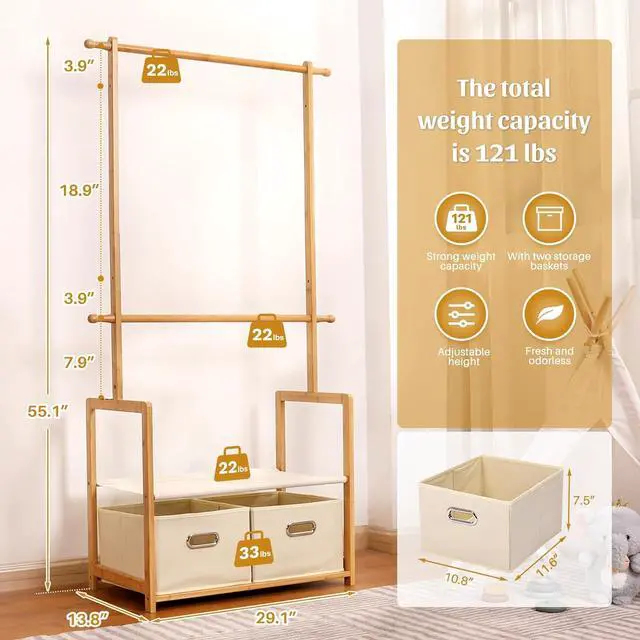 Alt view image 7 of 7 - Kids Clothing Rack Bamboo with 2 Storage Baskets and 2 Adjustable Hanging Rods,Child Garment Holder with Shelf, Dress up Racks for Playroom,Toddlers Bedroom (Natural)