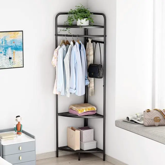 Main image of Corner Black Clothing Racks Freestanding, Metal Black Coat Racks with Hooks, Heavy Duty Modern Clothes Rack with 3 Tier Storage Shelves for Home,Bedroom,Living Room