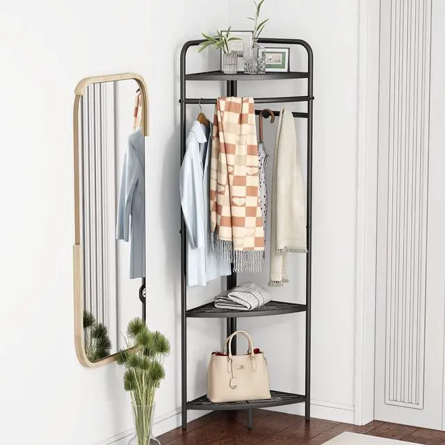 Alt view image 2 of 7 - Corner Black Clothing Racks Freestanding, Metal Black Coat Racks with Hooks, Heavy Duty Modern Clothes Rack with 3 Tier Storage Shelves for Home,Bedroom,Living Room