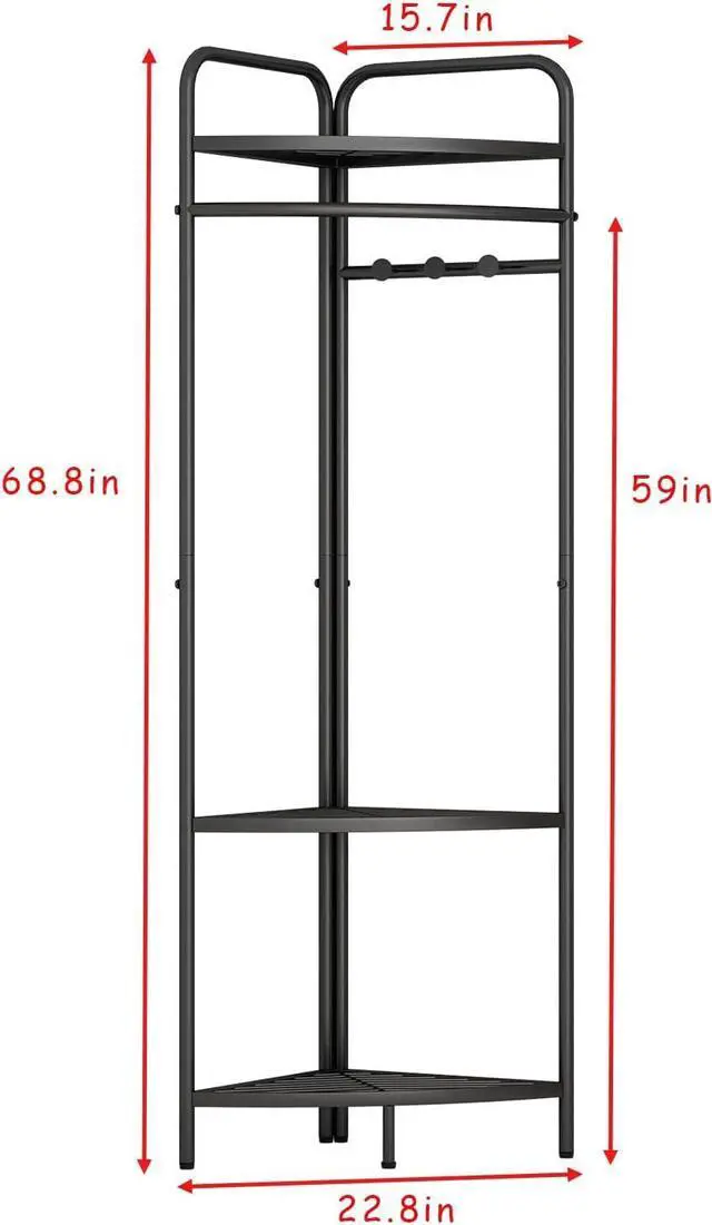 Alt view image 3 of 7 - Corner Black Clothing Racks Freestanding, Metal Black Coat Racks with Hooks, Heavy Duty Modern Clothes Rack with 3 Tier Storage Shelves for Home,Bedroom,Living Room