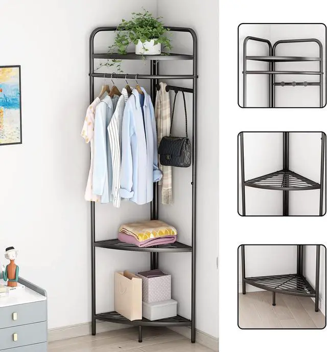 Alt view image 4 of 7 - Corner Black Clothing Racks Freestanding, Metal Black Coat Racks with Hooks, Heavy Duty Modern Clothes Rack with 3 Tier Storage Shelves for Home,Bedroom,Living Room