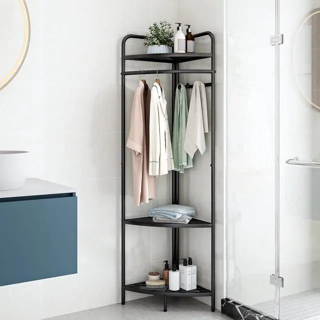 Alt view image 5 of 7 - Corner Black Clothing Racks Freestanding, Metal Black Coat Racks with Hooks, Heavy Duty Modern Clothes Rack with 3 Tier Storage Shelves for Home,Bedroom,Living Room