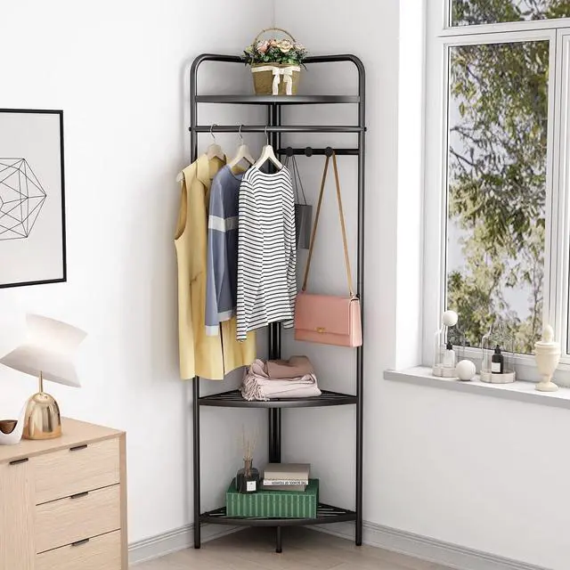 Alt view image 6 of 7 - Corner Black Clothing Racks Freestanding, Metal Black Coat Racks with Hooks, Heavy Duty Modern Clothes Rack with 3 Tier Storage Shelves for Home,Bedroom,Living Room