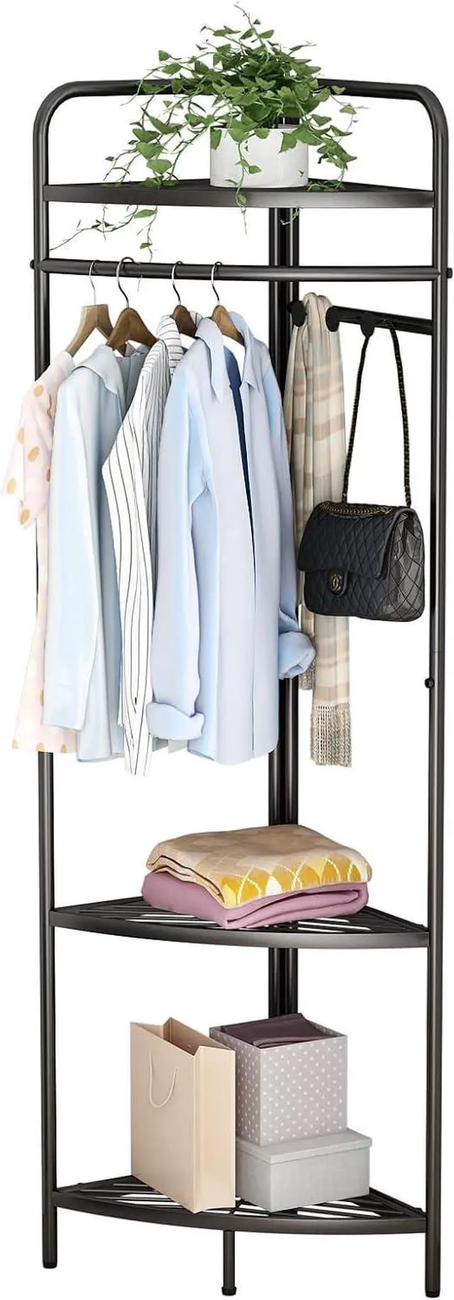 Alt view image 7 of 7 - Corner Black Clothing Racks Freestanding, Metal Black Coat Racks with Hooks, Heavy Duty Modern Clothes Rack with 3 Tier Storage Shelves for Home,Bedroom,Living Room